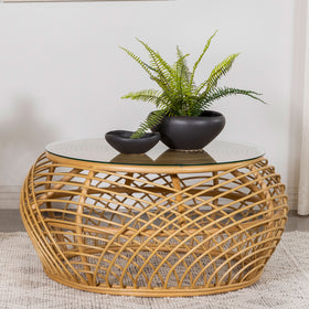 Dahlia Round Glass Top Woven Rattan Coffee Table Natural Brown