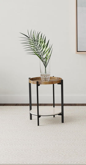 Adhvik Round Accent Table with Marble Shelf Natural and Black